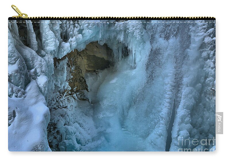 Johnston Canyon Zip Pouch featuring the photograph Frozen Falls At Johnston Canyon by Adam Jewell