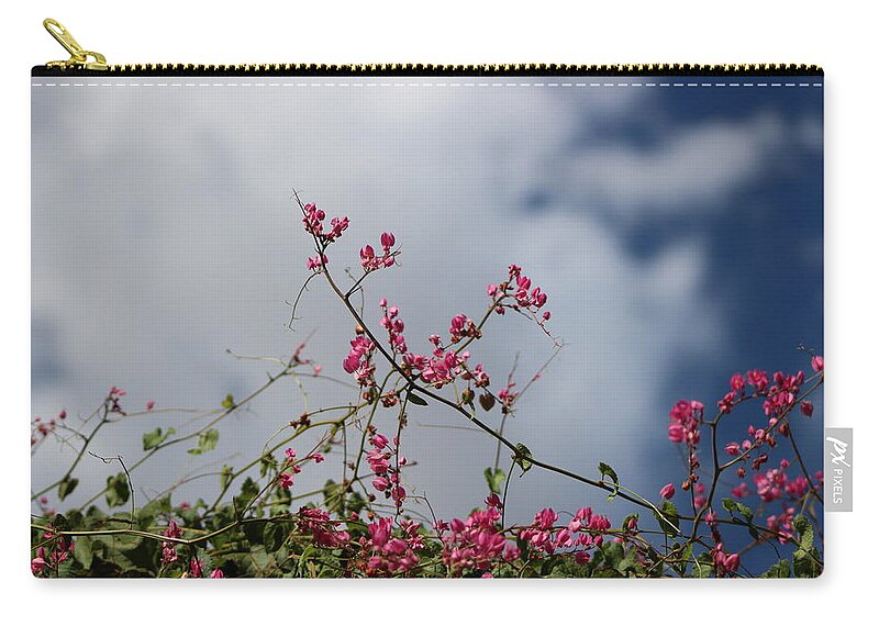 Fuchsia Mexican Coral Vine Clouded Desert Sky Zip Pouch featuring the photograph Fuchsia Mexican Coral Vine on White Clouds by Colleen Cornelius