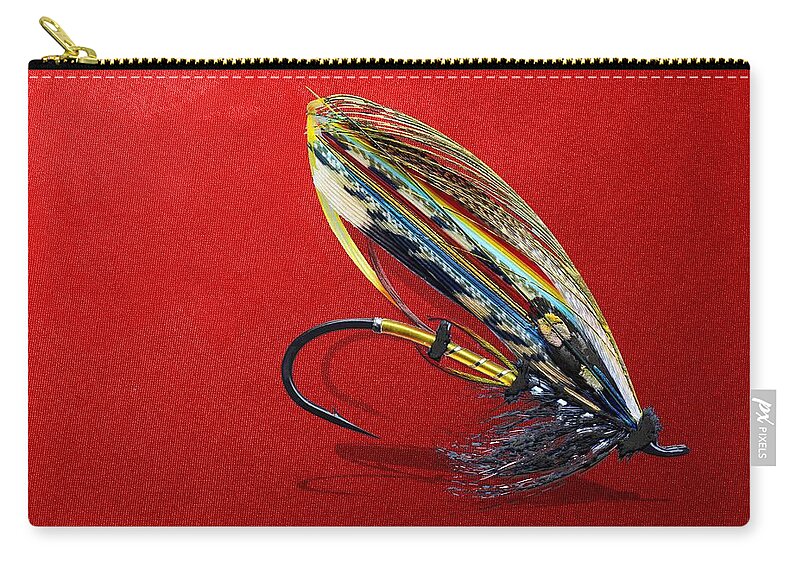 Fishing Corner Collection By Serge Averbukh Zip Pouch featuring the photograph Fully Dressed Salmon Fly on Red by Serge Averbukh