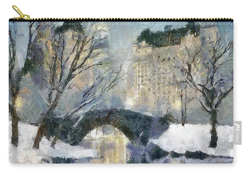 Cityscape Zip Pouch featuring the painting Gapstow Bridge in Snow by Dragica Micki Fortuna