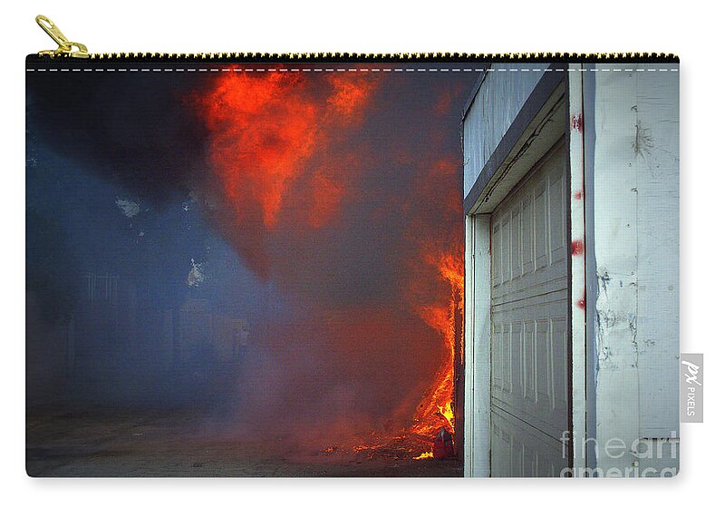 Fire Zip Pouch featuring the photograph Garage From Hell by Leah McPhail