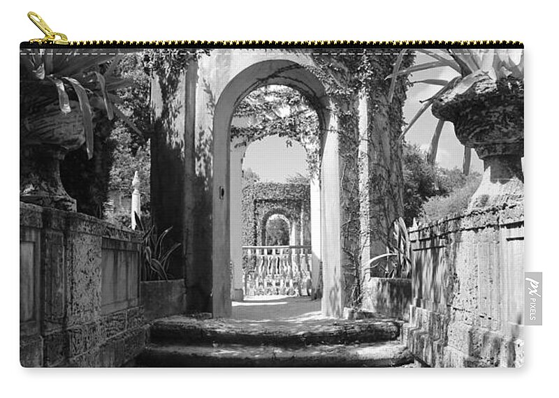 Black And White Zip Pouch featuring the photograph Garden Arches of Vizcaya - Black and White by Carol Groenen