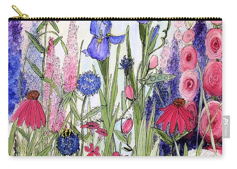 Garden Zip Pouch featuring the painting Garden Cottage Iris and Hollyhock by Laurie Rohner