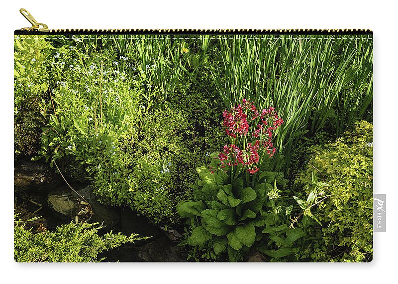 Georgia Mizuleva Zip Pouch featuring the photograph Gardening Delights - Miniature Creek with Red Primrose by Georgia Mizuleva