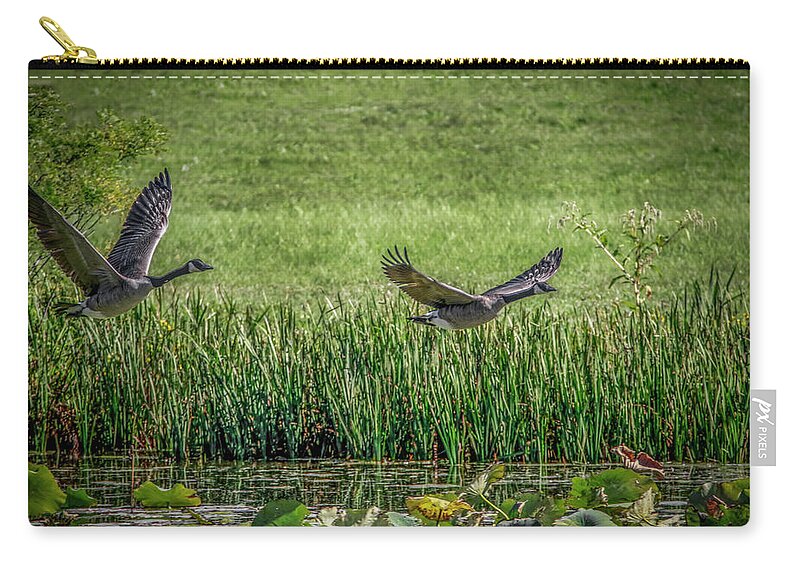 Wetland Zip Pouch featuring the photograph Geese In Flight by Ray Congrove
