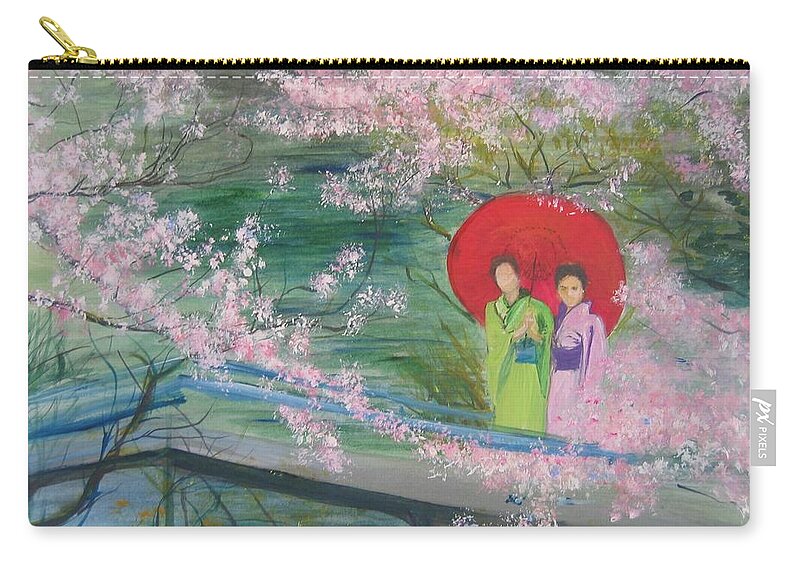 Landscape Zip Pouch featuring the painting Geishas and Cherry Blossom by Lizzy Forrester