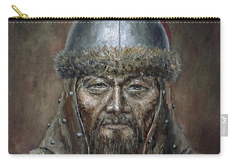 Genghis Khan Zip Pouch featuring the painting Genhis Khan by Arturas Slapsys