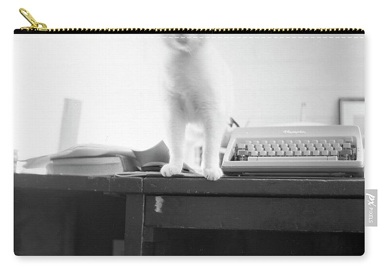 Cat Zip Pouch featuring the photograph Ghost Cat, with Typewriter by Jeremy Butler