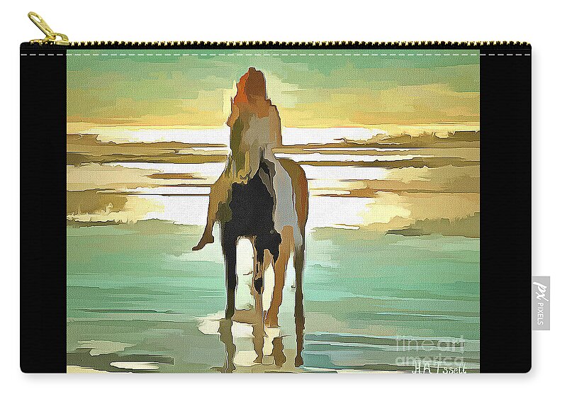 Girl Zip Pouch featuring the digital art Girl, Horse and Beach by Humphrey Isselt