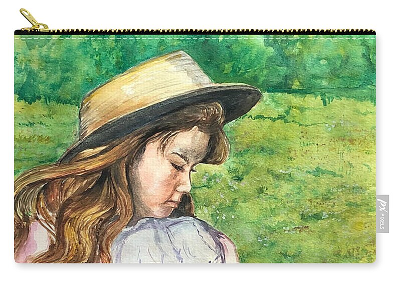 Picking Daisy In A Field With Her Straw Hat And Pink Dress. Zip Pouch featuring the painting Girl in straw Hat by Charme Curtin