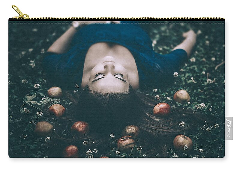 Woman Carry-all Pouch featuring the photograph Girl in the Dark Forest by Inna Mosina