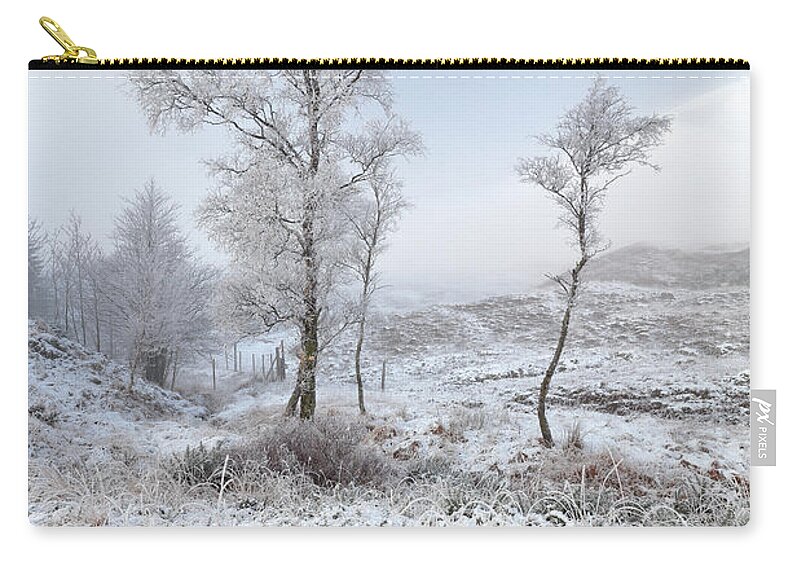 Winter Zip Pouch featuring the photograph Glen Shiel Misty Winter Trees by Grant Glendinning