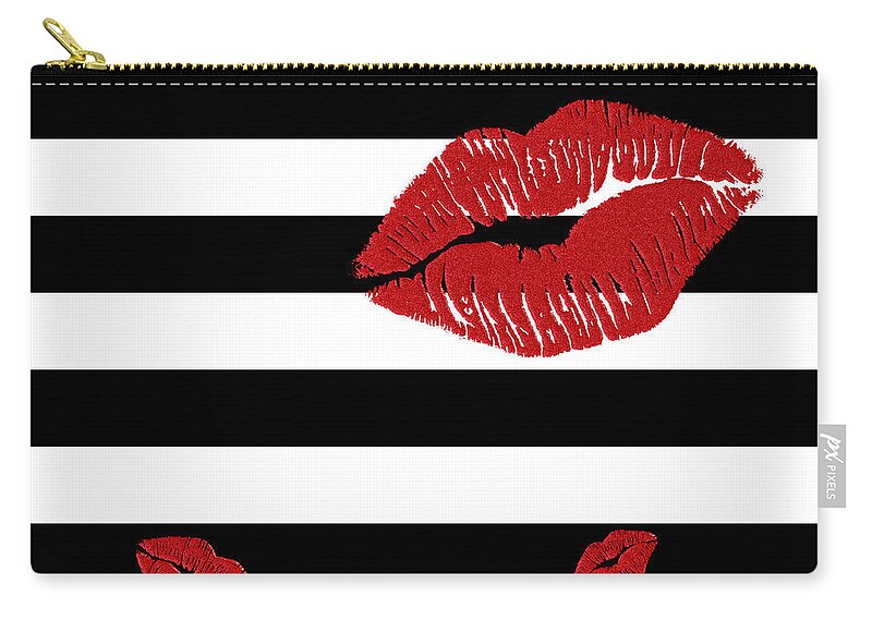 Black And White Stripes Zip Pouch featuring the painting Glitter Red Lips on Black and White Stripes by Georgeta Blanaru