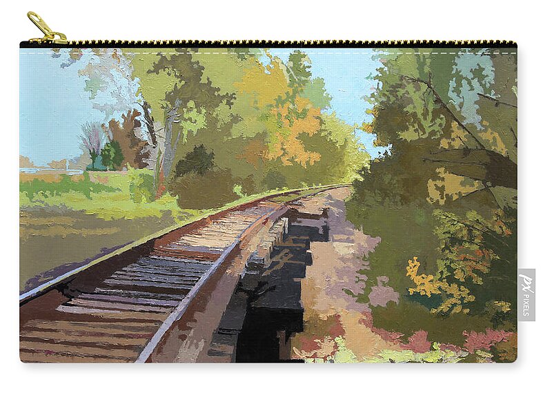 Railroad Track Zip Pouch featuring the painting Going Down The Railroad Track by John Lautermilch