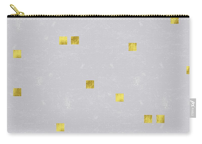 Grey Linen Carry-all Pouch featuring the digital art Gold Scattered square confetti pattern on grey linen texture by Tina Lavoie