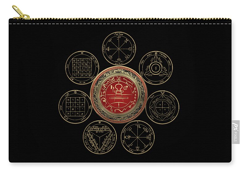 'sacred Symbols' Collection By Serge Averbukh Carry-all Pouch featuring the digital art Gold Seal of Solomon over Seven Pentacles of Saturn on Black Canvas by Serge Averbukh