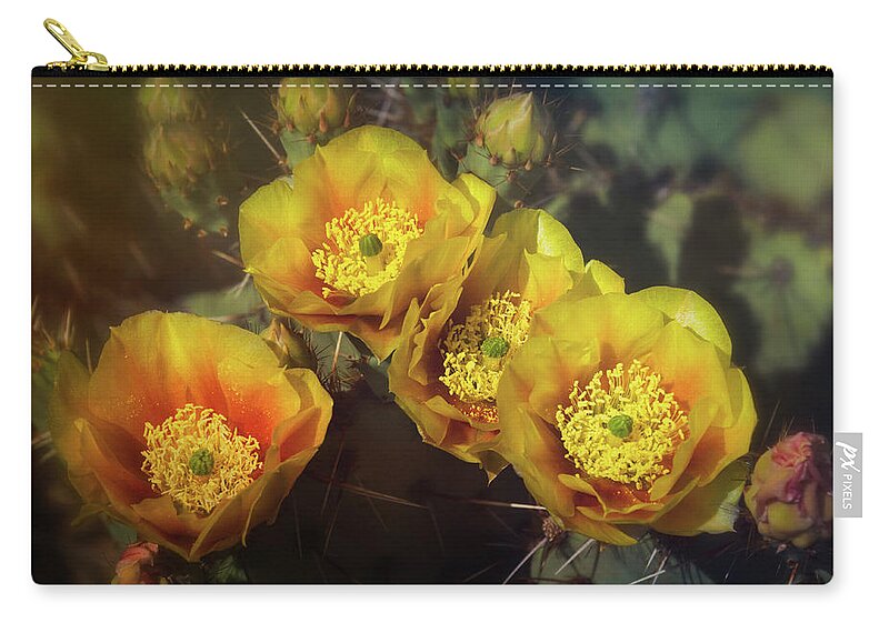 Prickly Pear Cactus Zip Pouch featuring the photograph Golden Cacti Flowers by Saija Lehtonen