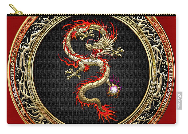 'treasure Trove' By Serge Averbukh Zip Pouch featuring the digital art Golden Chinese Dragon Fucanglong by Serge Averbukh