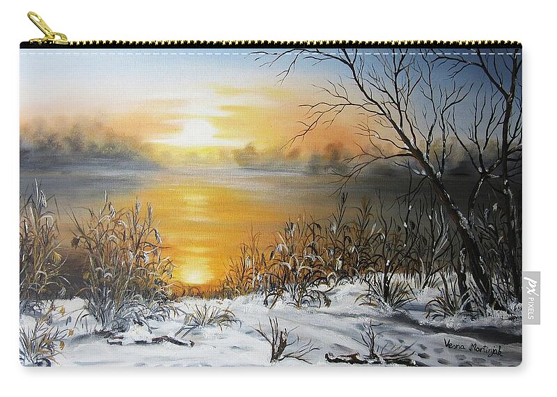 Landscape Zip Pouch featuring the painting Golden lake sunrise by Vesna Martinjak