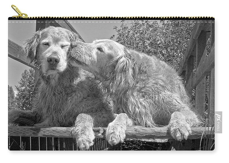 Golden Retriever Zip Pouch featuring the photograph Golden Retrievers the Kiss Black and White by Jennie Marie Schell
