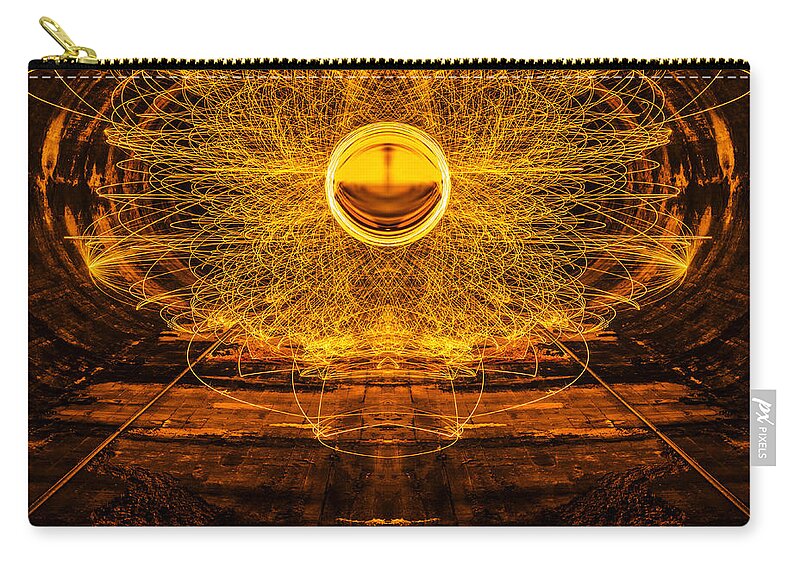 Hole Zip Pouch featuring the digital art Golden Spinning Sphere Reflection by Pelo Blanco Photo