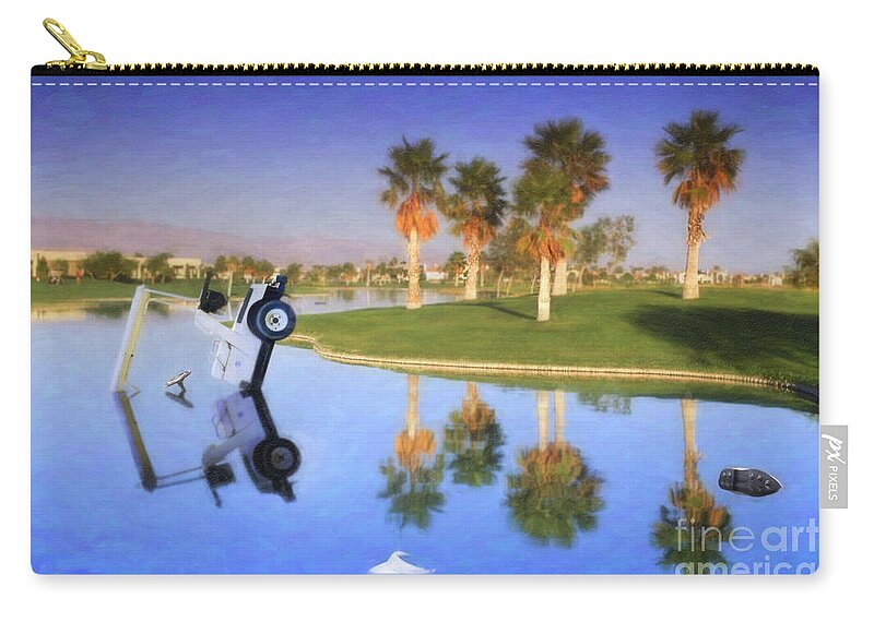 Golf Cart In Water Zip Pouch featuring the photograph Golf Cart stuck in Water by David Zanzinger