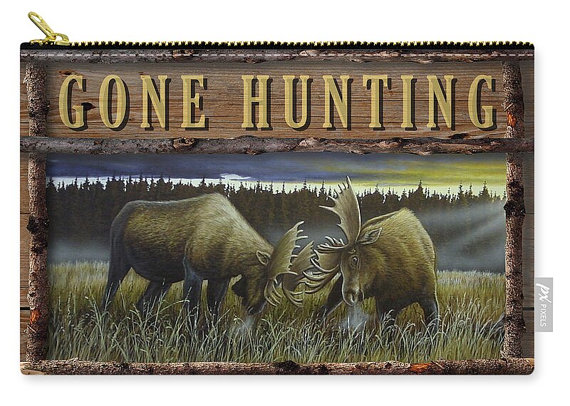 Moose Zip Pouch featuring the mixed media Gone Hunting - Locked at Lac Seul by Anthony J Padgett