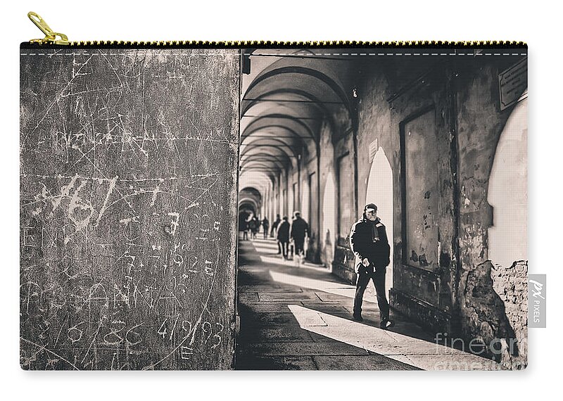 Aged Zip Pouch featuring the photograph graffiti and tags on San Luca Archway in Bologna by Luca Lorenzelli