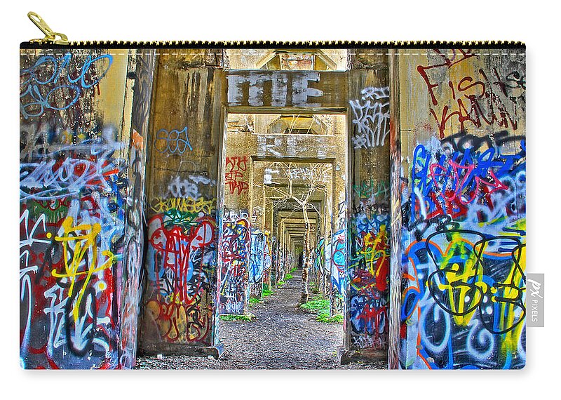 Grafiti Bridge Coal Piers Philadelphia Nowhere Pier Zip Pouch featuring the photograph Grafiti Bridge To Nowhere by Alice Gipson