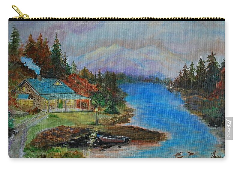 Cabin Painting Zip Pouch featuring the painting Grandmas Cabin by Leslie Allen