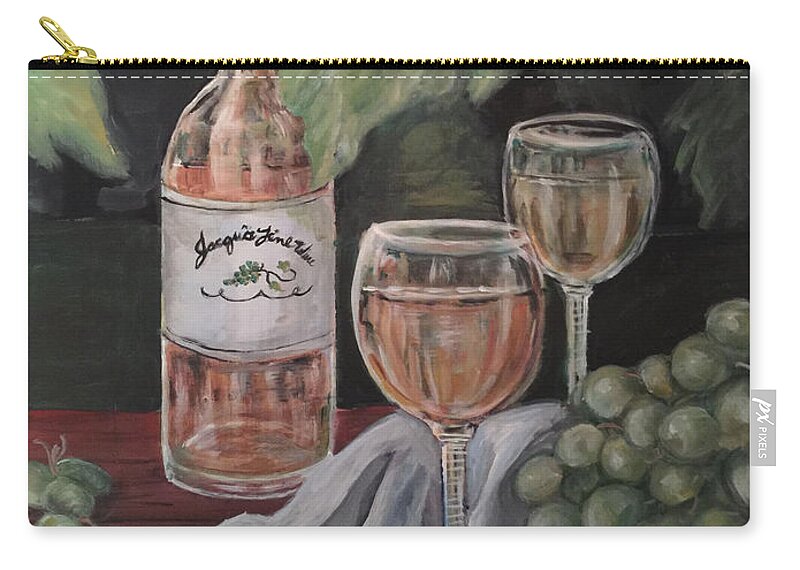 Green Grape Leaves And Grapes Surround A Bottle Of Wine With 2 Glasses. Grapes Zip Pouch featuring the painting Grape Leaves and Wine by Charme Curtin