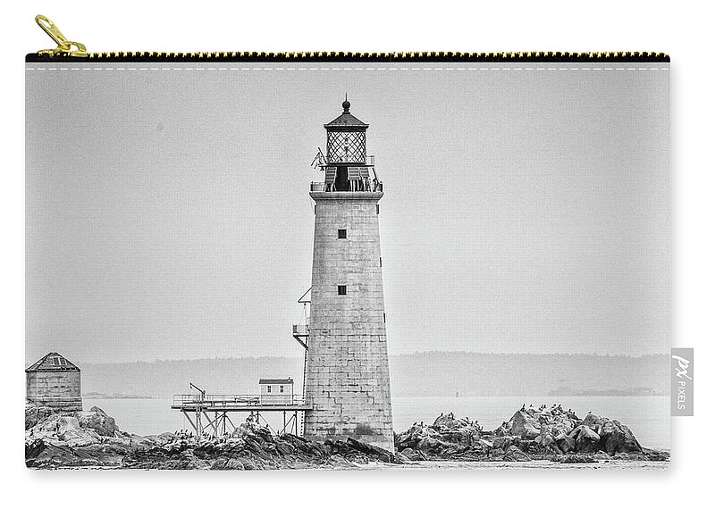 Black And White Zip Pouch featuring the photograph Graves Lighthouse- Boston, MA - Black and White by Peter Ciro