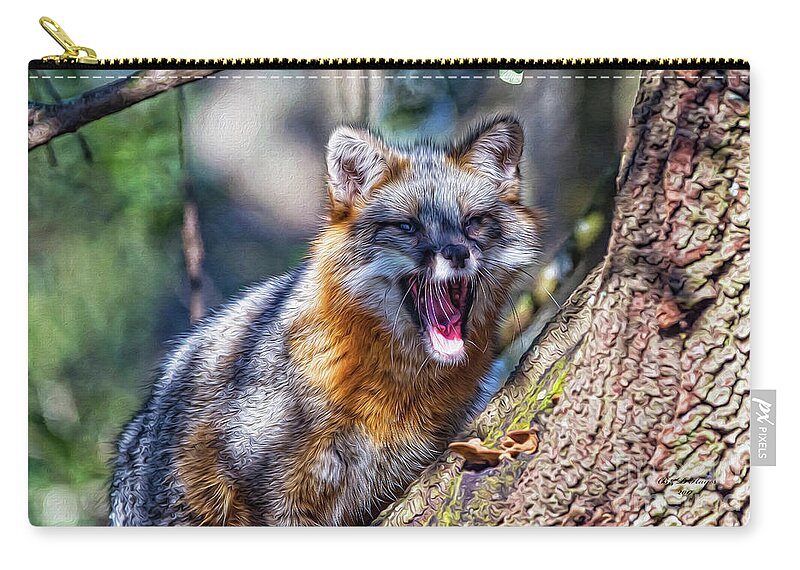 Nature Carry-all Pouch featuring the digital art Gray Fox Awakens In The Tree by DB Hayes