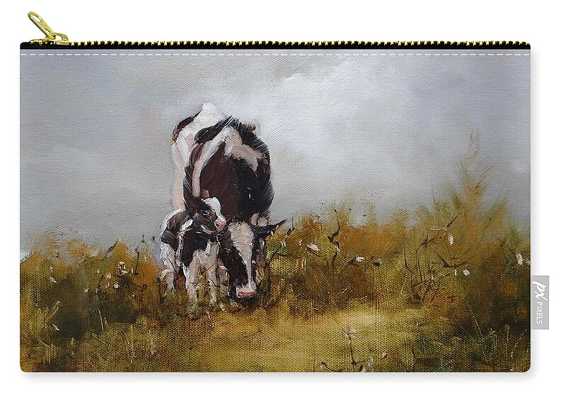 Cows Zip Pouch featuring the painting Grazing with Mom by Laura Lee Zanghetti