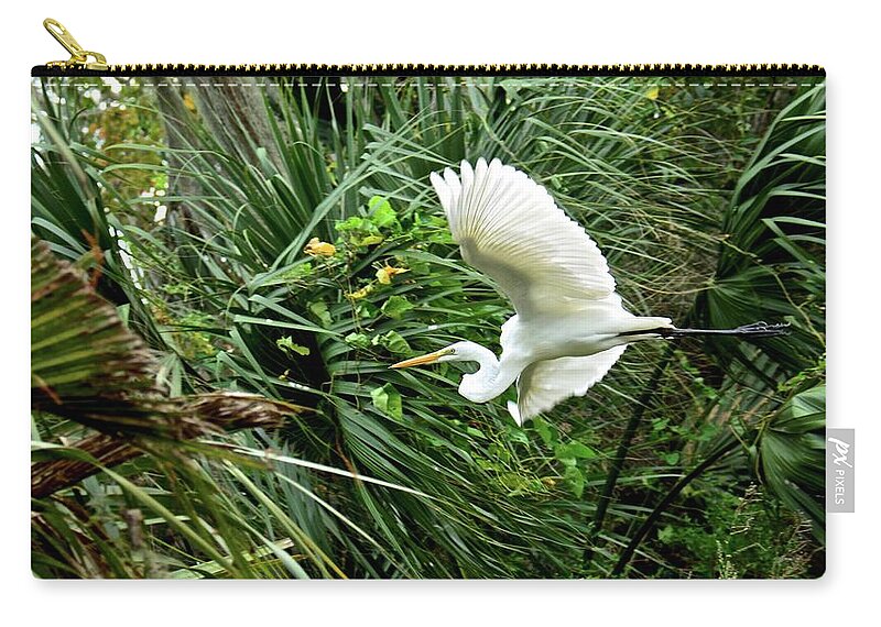 Egret Zip Pouch featuring the photograph Great Egret In Flight by Carol Bradley