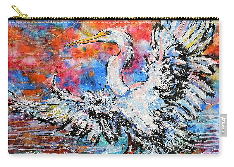  Zip Pouch featuring the painting Great Egret Sunset Glory by Jyotika Shroff