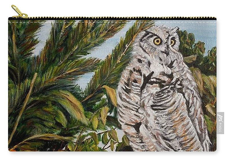 Great Horned Owl Carry-all Pouch featuring the painting Great Horned Owl - Owl on the rocks by Marilyn McNish