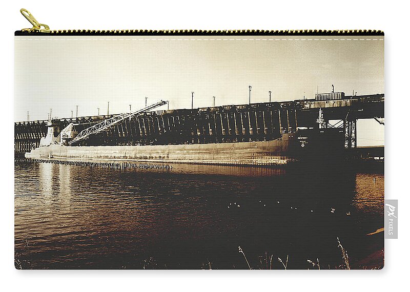 Lake Superior Zip Pouch featuring the photograph Great Lakes Iron Ore Freighter by Phil Perkins