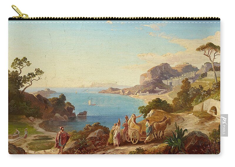 Heinrich Gaertner Zip Pouch featuring the painting Greek Landscape with Odysseus and Nausicaa by Heinrich Gaertner