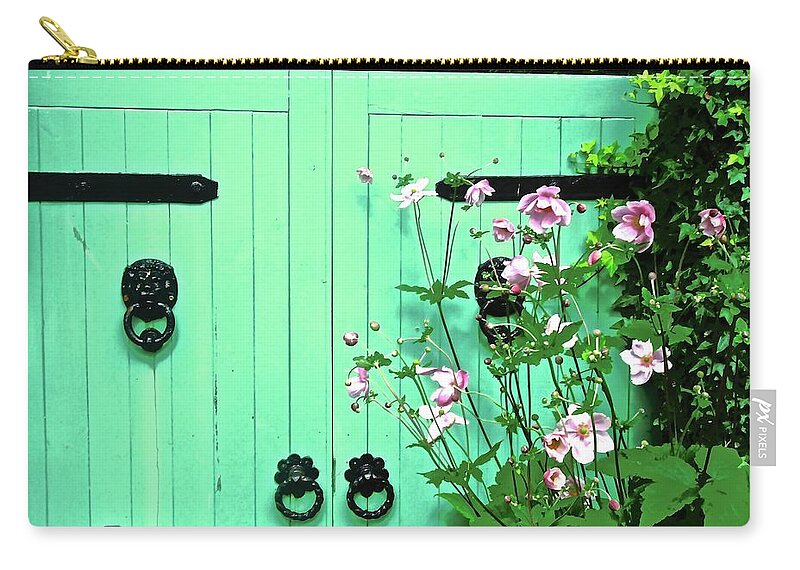 Gate Zip Pouch featuring the photograph Green Gate with Flowers by Stephanie Moore