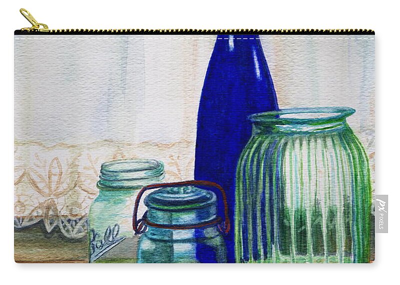 Green Jars Zip Pouch featuring the painting Green Jars Still Life by Marilyn Smith