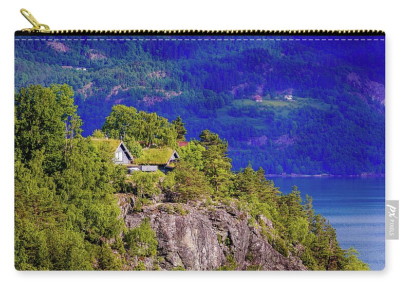Europe Zip Pouch featuring the photograph Green roofs of Lustrafjorden by Dmytro Korol