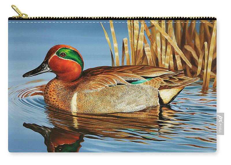 Mallards Zip Pouch featuring the painting Greenwing Teal Drake by Guy Crittenden