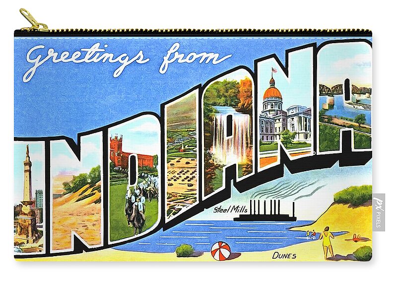 Vintage Collections Cites And States Zip Pouch featuring the photograph Greetings From Indiana by Vintage Collections Cites and States