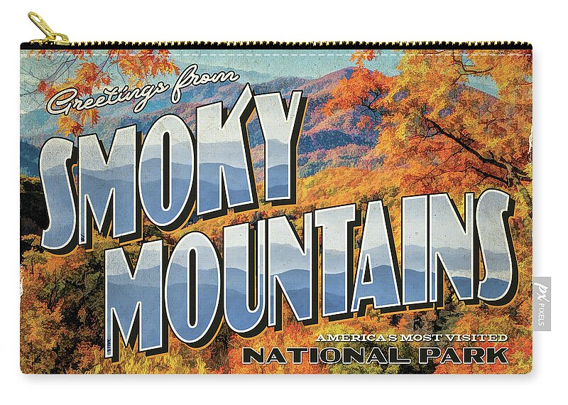 Smoky Mountains Zip Pouch featuring the painting Greetings From Smoky Mountains National Park by Christopher Arndt