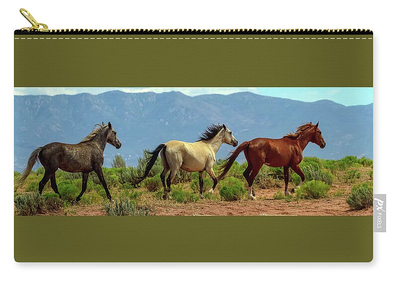 Horses Zip Pouch featuring the photograph Grey, White and Chestnut Horse Panorama View by James BO Insogna