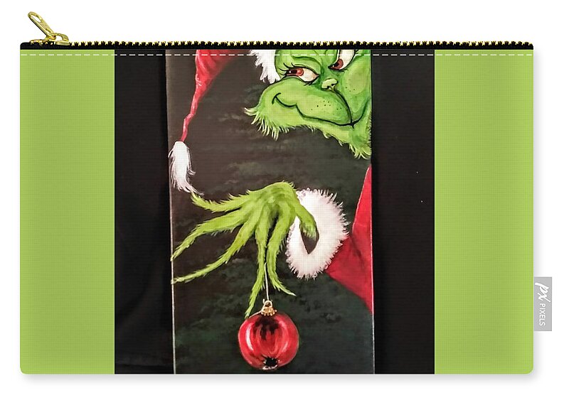 Grinch Stole Christmas Decorations Christmas Ornaments Santa Claus Bulbs Green Fur Red Suit Christmas Tree Zip Pouch featuring the painting Grinch by Kristy Deaton