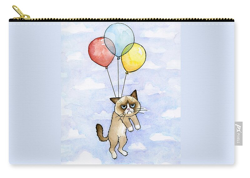 Grumpy Zip Pouch featuring the painting Grumpy Cat and Balloons by Olga Shvartsur