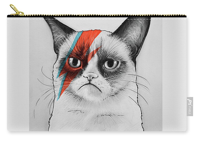 Grumpy Cat Zip Pouch featuring the drawing Grumpy Cat as David Bowie by Olga Shvartsur