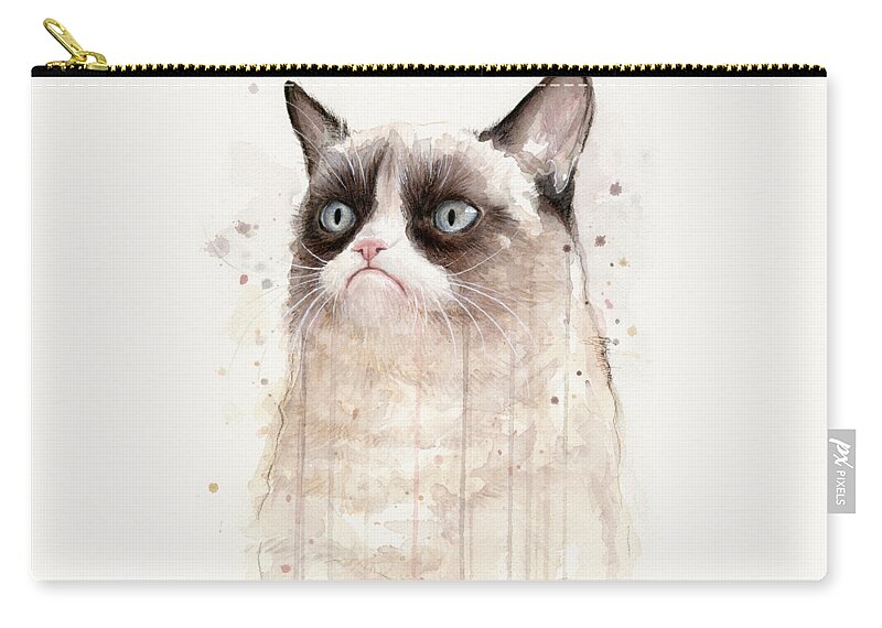 Grumpy Zip Pouch featuring the painting Grumpy Watercolor Cat by Olga Shvartsur